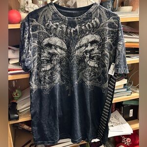 Affliction Men's Dark Blue Skull Tee With Sequence All Over The Shirt